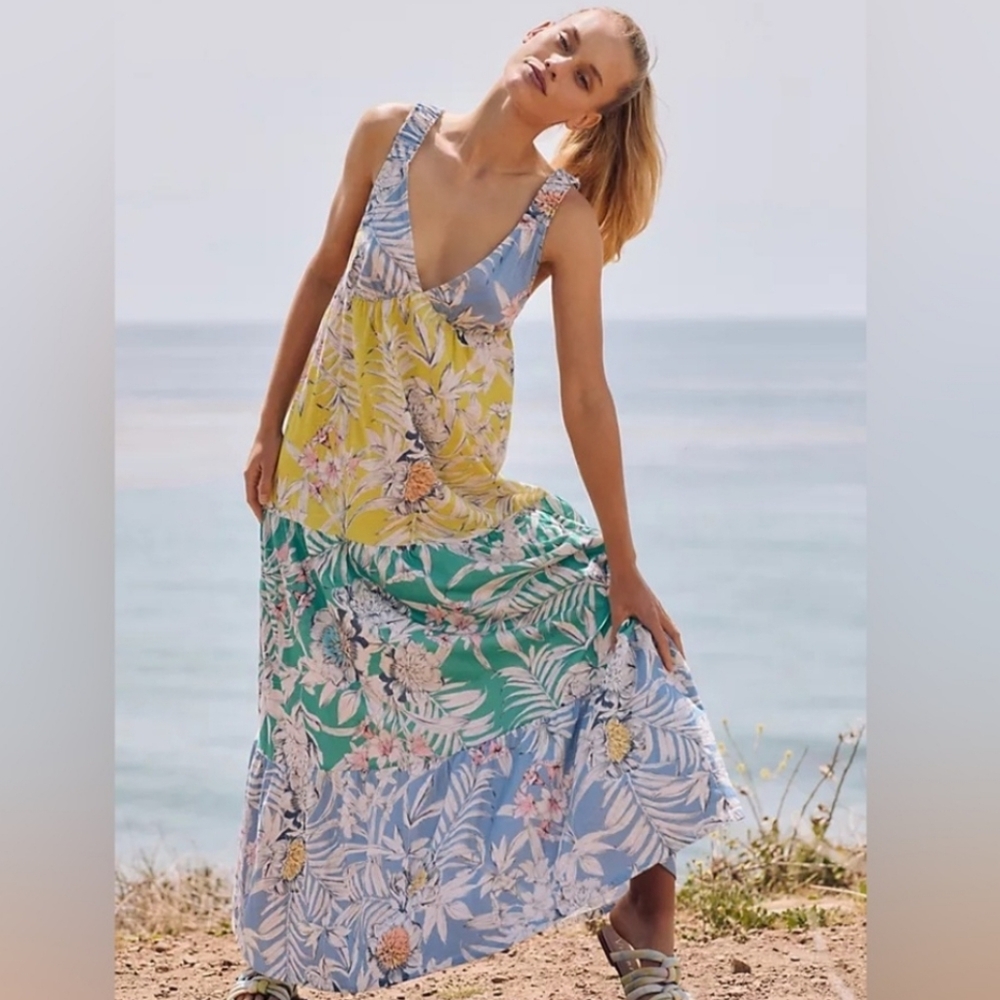 Maeve Anthropologie Patchwork Floral Maxi Dress M | Boho Resort Vacation